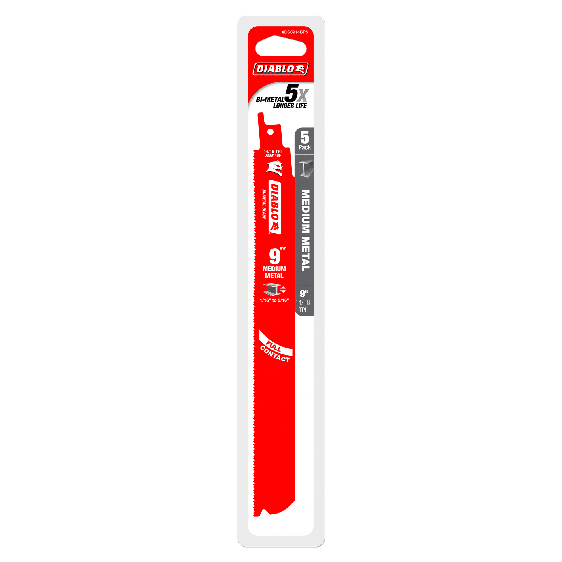 The DIABLO DS0914BF5 9 in. 14/18TPI Bi-Metal Reciprocating Saw Blades feature a striking red design with white text, Full Contact Arched Design, and Perma-SHIELD® coating, promising 5x longer life for medium metal cutting.